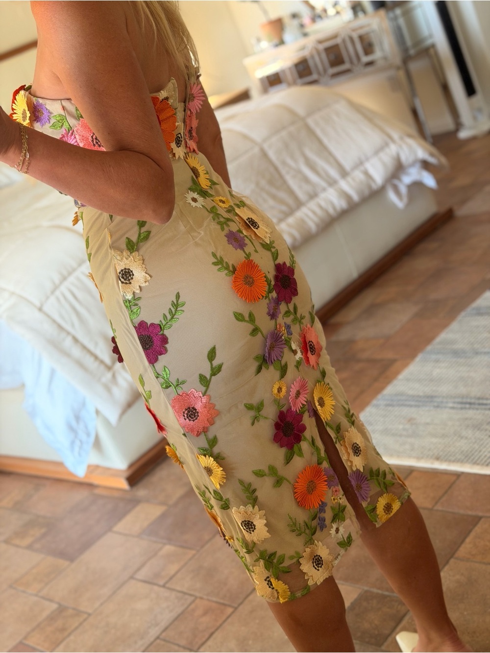 VICI Beige Strapless Midi Dress with Multicolor Floral Embroidery - Picture 3 of 8